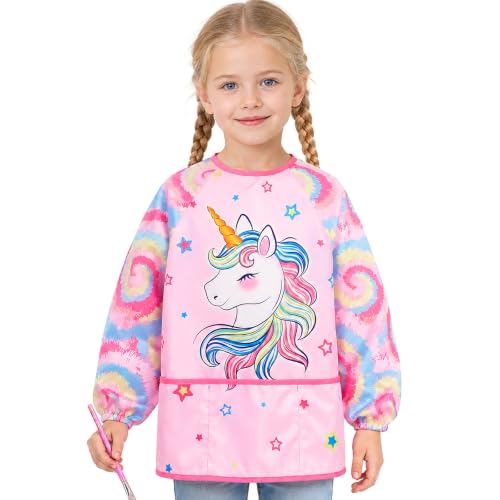 WERNNSAI Unicorn Kids Art Smock for Girl Age 3-6 with Long Sleeve 3 Pockets view 2