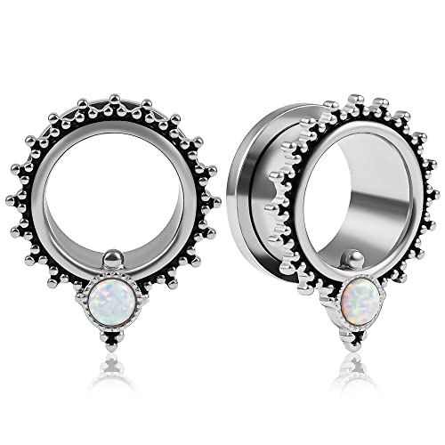 Vankula Dilataciones Orejas 1 Pare Tunel tapones Expansaor Doble Acampanados Ópalo acero inoxidable Oreja piercing de joyería para Mujer Hombre 8mm(0G) Plata