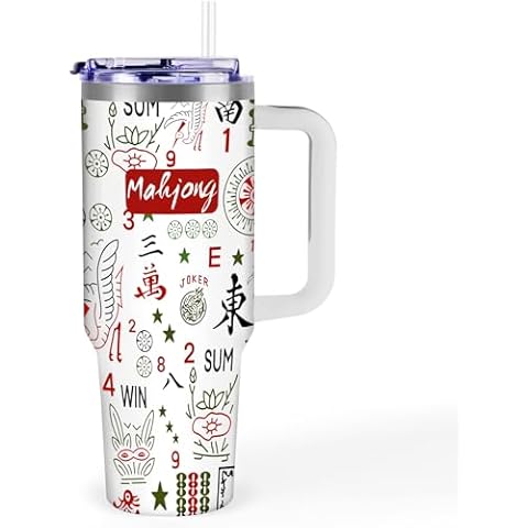 TMLECE TM 40 OZ Mahjong Tumbler with Handle and Straw, Christmas Gift for Mahjong Lover, Travel Coffee Mug, Double Wall Vacuum Reusable Stainless Steel Insulated Water Bottle for Cold Hot Beverages Cover