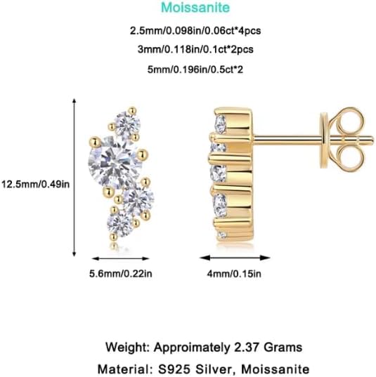 Moissanite Stud Earrings, 925 Sterling Silver, Gold Plated, Round Brilliant Cut, Claw Setting, 1.32 CTW, Women's Fine Jewelry