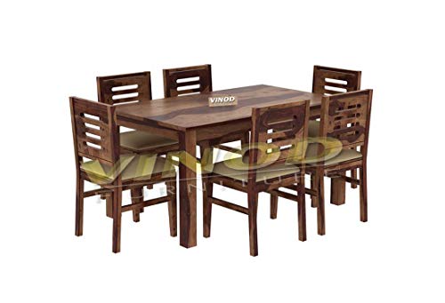Image of VINOD FURNITURE HOUSE Sheesham Wooden Wood 6 Seater Dining Table Set with 6 Chair for Dining Room Wooden Dining Chairs Set of 6 Living Room Furniture Teak Wood Dining Table 6 Seater Teak Finish
