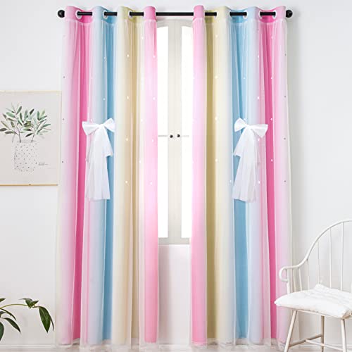 UNISTAR 2 Panels Blackout Stars Curtains for Kids Girls Bedroom Living Room Decor Colorful Double Layer Star Cut Out Stripe Teal Pink Rainbow Window Wall Home Decoration Curtain W52 x L84 Inches