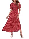 ZESICA Women's 2025 Summer Casual Floral Print Short Flutter Sleeve Crew Neck Smocked High Waist Flowy Maxi Dress,Red,Medium
