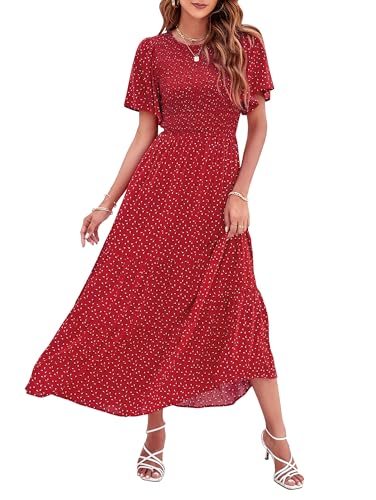 Image of ZESICA Women's 2026 Summer Boho Floral Maxi Dresses Casual Short Flutter Sleeve Smocked Tiered Flowy Dress