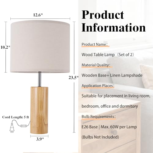 lapupu 23.5" Wood Table Lamps Set of 2 for Living Room, Vintage Farmhouse Bedside Lamps for Bedroom, Large Round Desk Lamps for End Table Nightstand, Natural Wood by lapupu - Image 2