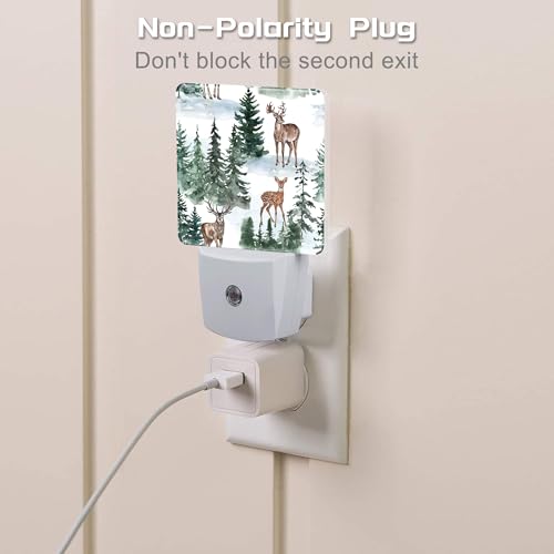 Image of Winter Deer and Snowy Forest Night Light for Kids,Christmas Pine Trees Deer Night Light Plug in with Dusk to Dawn Sensor,0.5w Energy Saving Nightlight for Hallway Stairway Kitchen Bedroom