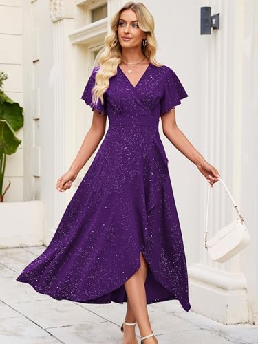 Image of Long Black Formal Dresses for Women Gowns Evening Party Cocktail Dress,Split Elegant V Neck Wrap Ruffle Wedding Guest Dresses