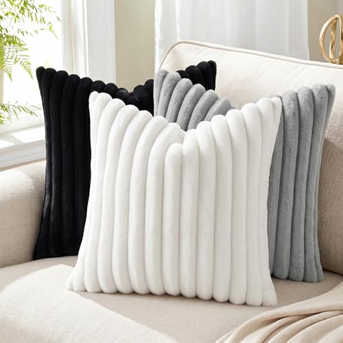 Image of Pallene Faux Fur Plush Lumbar Throw Pillow Covers 12x20 Set of 2, Luxury Soft Fluffy Striped Decorative Pillow Covers for Sofa, Couch, Living Room, Black
