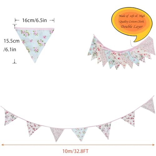 Image of Zwiebeco 32Ft Vintage Pink Blue Floral Fabric Bunting Triangle Flags Cotton Retro Flowers Pennant Banner Party Decorations for Birthday Wedding Engagement Spring Rustic Village Home Garden Decor