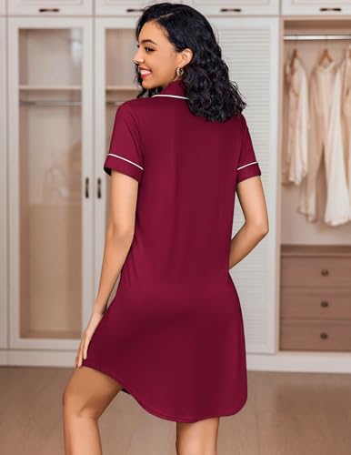 Image of Ekouaer Women's Nightgown Button Down Nightshirt V Neck Sleepshirt Short Sleeve Sleepwear Soft Pajama Dress