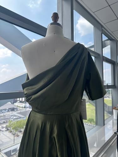 Ouyisha Satin Mother of The Bride Dresses for Wedding One Shoulder Tea Length A Line Pleated Simple Formal Wedding Guest Dress Turquoise 83