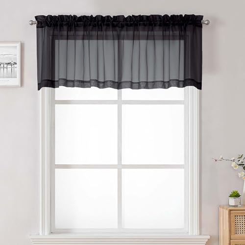Lecloud Black Sheer Valances for Windows 18 Inch Length 2 Pcs, Cafe Kitchen Curtains for Bedroom Living Room, Short Curtains for Small Windows with Dual Rod Pocket Home Decor, 42" W x 18" L