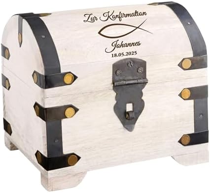 Weiße Schatztruhe mit Gravur zur Konfirmation, als Geldgeschenk, ...