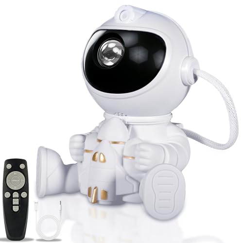KDISHKRA Proyector de Cielo Estrellado Astronauta, Galaxy Luz Nocturna LED para Niños, 8 Nebulosas + 1 Efecto Estrella, Rotación 360°, Mando a Distancia - Regalo Ideal Cumpleaños y Navidad