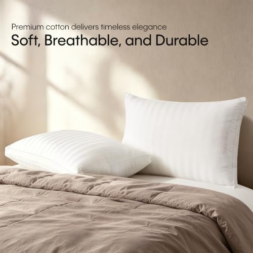 Calvin Klein Hotel Collection Bed Pillows Queen Size Set of 2, Medium Firm | 400 Thread Count Damask Stripe 100% Cotton Cover, Down Alternative Gusseted Pillow for Back, Side & Stomach Sleepers, White - image 4