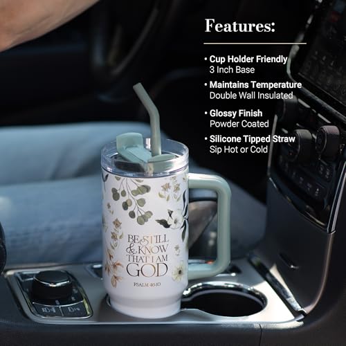 Image of Christian Art Gifts Extra Large Stainless Steel Double Wall Vacuum Insulated Travel Tumbler for Women: Be Still Inspirational Scripture, Lid, Reusable Straw, Wide Handle, White & Teal Floral, 40 oz.