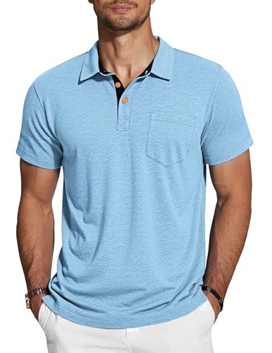 TARAINYA Polo Hombre Manga Corta Algodón Camisetas Verano con Bolsillo Pecho Casual Vacaciones Golf Azul Claro L