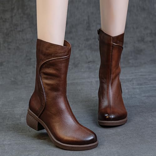 Women's Genuine Leather Chunky Block Heel Mid Calf Boots Retro Pattern Round Toe Side Zipper Soft Sole Casual Boots Simplicity Comfortable Mid Knee Boots4
