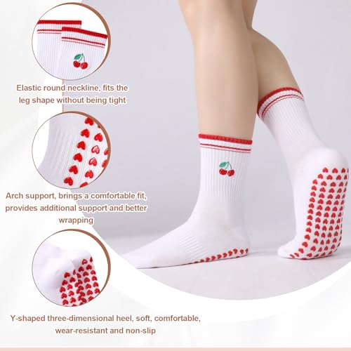 Jspupifip 3 Pairs Fruit Pilates Socks with Grips for Women, Non Slip Cotton Crew Athletic Socks for Barre Workout Hospital3