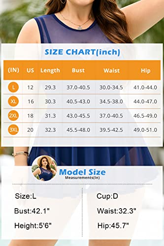 Tinstree Womens Plus Size Tankini Swimsuits With Underwire Cups Brief One Piece Bathing Suit Mesh Overlay Flowy Swim Dress Dark Blue #TOP4