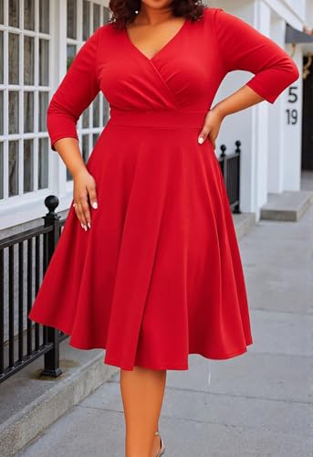 Image of Womens Plus Size Dresses Faux Wrap Summer Dress 3 /4 Sleeves V Neck 1950s Retro Vintage Wedding Party Midi Dress