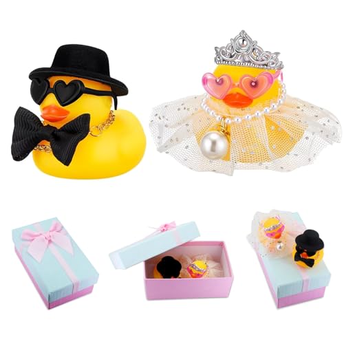 2er-Set Quietscheenten Braut und Bräutigam,Lustige Hochzeitsgeschenke für Brautpaar,Hochzeitspaar Figuren Klein mit Karte & Bogen Geschenkbox für Zeremonie, Geschenk, Souvenir herzerwärmendes