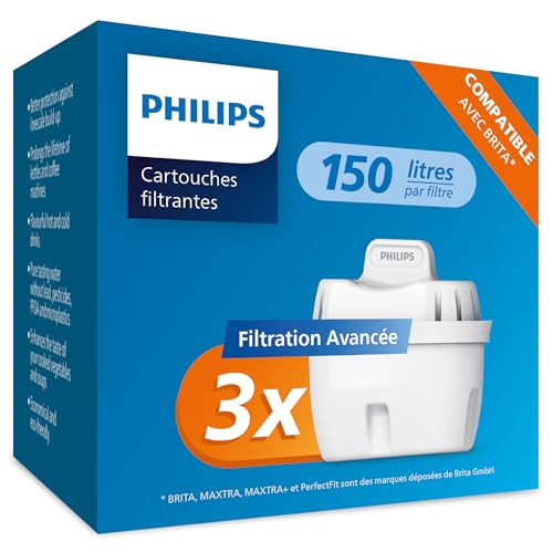 Philips Water Cartouches filtrantes de rechange Filtration avancée, paquet de 3, compatibles Brita,...