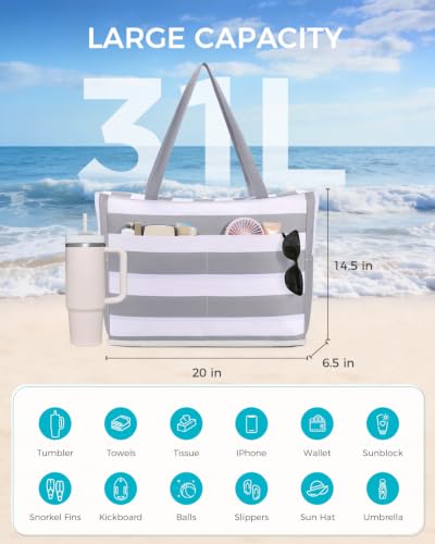 Image of WANDF Beach Bags for Women, Large Waterproof Sandproof Beach Tote Bag with Zipper Family Pool Bags with 40oz Tumbler Pocket, Swim Cruise Vacation Essentials (Grey)