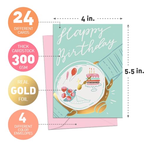 Image of S&O Box of Birthday Cards with Envelopes - Bulk 24 Unique Happy Day Notes - Colorful Birthday Decor Bulk for Office & Home - Assorted Party Cards with Envelopes - 4x5.5 inch