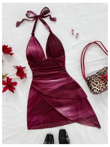 Image of SOLY HUX Women's Y2K Summer Beach Halter Mini Dress | Retro Floral Dress, V Neck, Backless, Club Nightout, Sexy Going Out Clothes, Birthday Dress