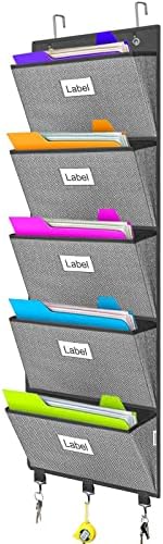 Over the Door File Organizer, Hanging File Folders, Wall Organizers and Storage for Mail, Magazine, Notebooks, Planners, Office, Classroom, 5 Extra Large Pockets, 50.39” Tall (Light Grey Herringbone Pattern)