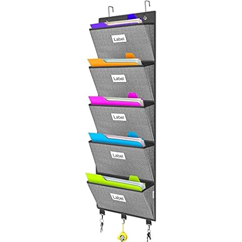 Over the Door File Organizer, Hanging File Folders, Wall Organizers and Storage for Mail, Magazine, Notebooks, Planners, Office, Classroom, 5 Extra Large Pockets, 50.39” Tall (Grey with Herringbone) Cover