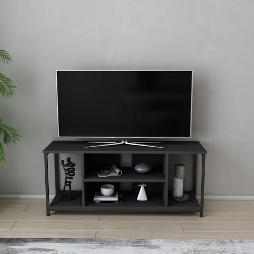 Hanah Home Industrial TV Stand, 120 cm, Black & Anthracite | 100% Melamine Coated Particle Board, 18 mm Thick, 100% Metal Frame | Stylish & Durable Design for Modern Living Rooms