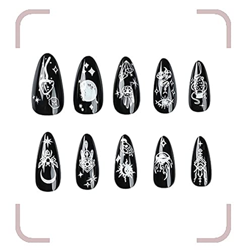 Belicey Black Press On Nails Medium Almond False Nails With Graffiti Snake Pattern Design Glue On Nails Reusable Fake Nails Dark Style Halloweens Party Moons Ghost Arts French Nail Tips For Women And Teen Girls 24Pcs #TOP2