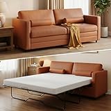 Mjkone 79" W Faux Leather Pull Out Sofa Bed, Queen Size Convertible Sleeper Sofa with 2 Cushions, 2-in-1 Couch Bed with Fold Out Mattress, Loveseat Futon for Guest Room, Bedroom, Cognac