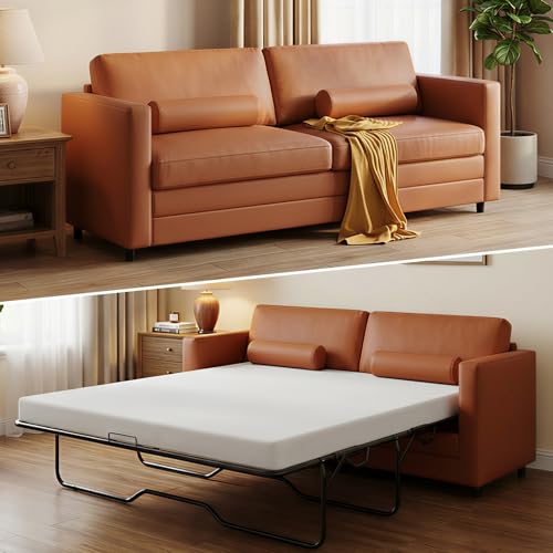Mjkone 79" Faux Leather Queen Sofa Bed with Cushions