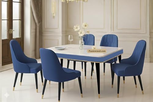 Image of Swiss Modern Dining White Marble Top Table Set with Sheesham Wood Legs, 6 Seater with Upholstered Chairs (71x36x30 Inches) (Blue)