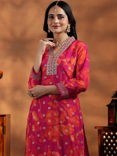 Image of Libas Womens Printed Silk Blend Straight Kurta With Trousers and Dupatta | daily wear suit