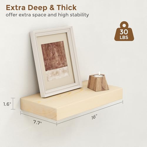 Image of Marsmiles Natural Wood Floating Shelves | Unfinished Wood Wall Shelves Set of 2 | 16 inch W x 7.7 inch D x 1.6 inch H Natural Wooden Shelves for Bathroom Living Room Kitchen