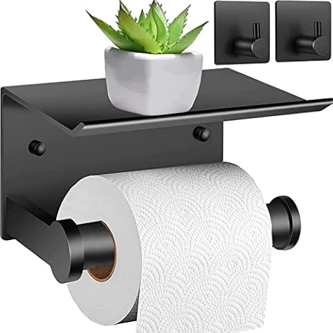 Toilettenpapierhalter Ohne Bohren, Klopapierhalter Schwarz + 2 Handtuchhalter Selbstklebend, Toilettenpapier Halterung Klorollenhalter Mit Ablage, WC Papier Halterung Für Deko Badezimmer Organizer Cover