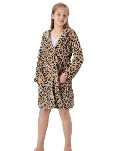 Topgal Leopard Cat Robe for Girls Fleece Toddler Kids Teen Hooded Bathrobe Size 4T-184