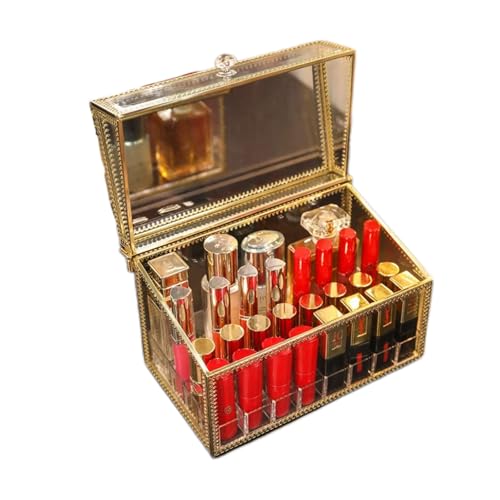 口紅収納ケース 蓋付き コスメ収納ケース 化粧品収納ボックス ガラス クリア オシャレ 口紅収納スタンド リップスタンド アクセサリー収納 ジュエリーケース コスメ収納 ディスプレイ メイク用品 透明 真鍮 (40仕切り(23x13.5x15.5cm),ゴ