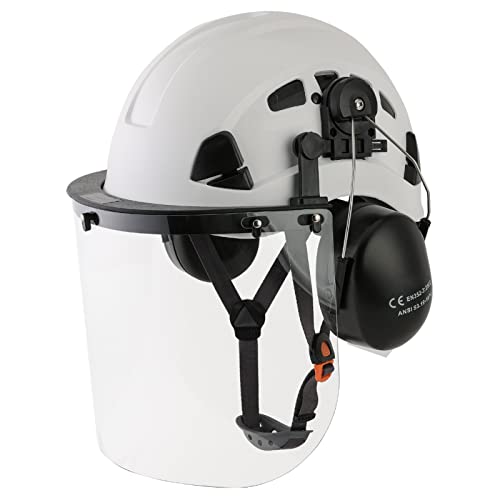 Arborist Safety Helmet Forestry LOHASWORK ANSI Z89.1 Chainsaw Helmet with Plastic Face Shield Ear Muffs for Logging Wood Trimming Lawn Mowing Grinding Garden(093White+Earmuff+PC Shield)
