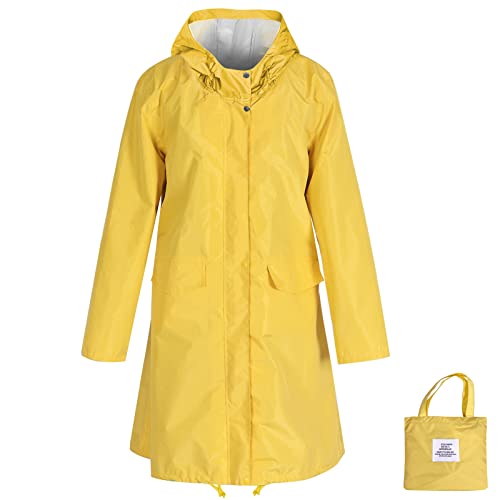 Anyoo Veste de Pluie Imperméable pour Femmes avec Capuche, Manteau de Pluie Léger et Long, Coupe-vent et Trench,Jaune,Taille unique Cover