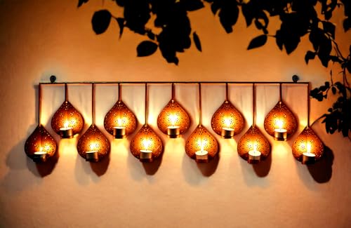 Image of METSY Stylish Metal Cutting Edge Candle Light Holder Leaf in Rectangular Shape | Metal Art | Home Decor Items (Golden Rectangular)
