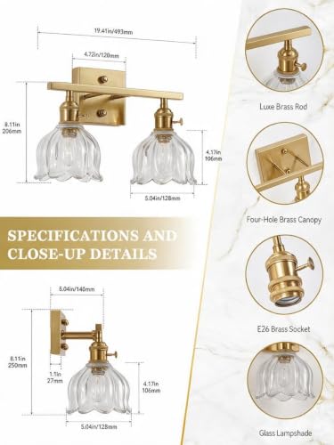 Image of 3-Light Vintage Bathroom Vanity Light, 19.4 inch Brass Hardwired Wall Sconce with Amber Tulip Glass Shades, Brushed Gold Vanity Light for Mirror, Restroom, Bedroom (Clear, 2-Light)