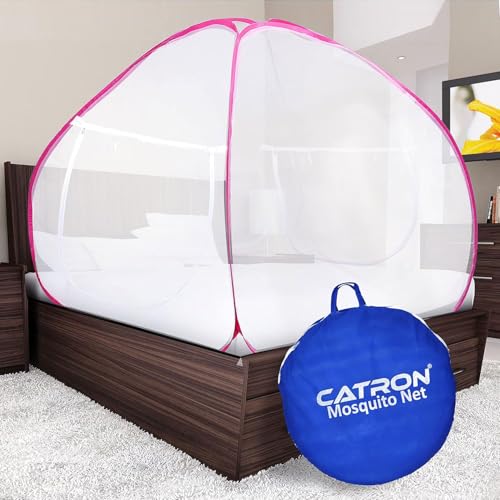 Image of Double Bed Mosquito Net /Machhardani 6.5 x 6.5 Feet with Foldable Steel Frame | Polyester Adults Mosquito Net for Family Sleeping | High Durability, Foldable, Tent Shape Mosquito Net (Pink)