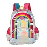 Mochila Infantil Holográfica Arco-Íris, 40 x 30 x 15 cm, Design com Nuvens, Alças Ajustáveis