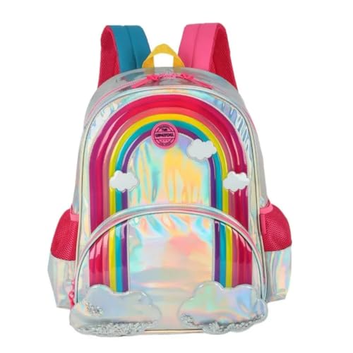 Mochila Infantil Holográfica Arco-Íris, 40 x 30 x 15 cm, Design com Nuvens, Alças Ajustáveis