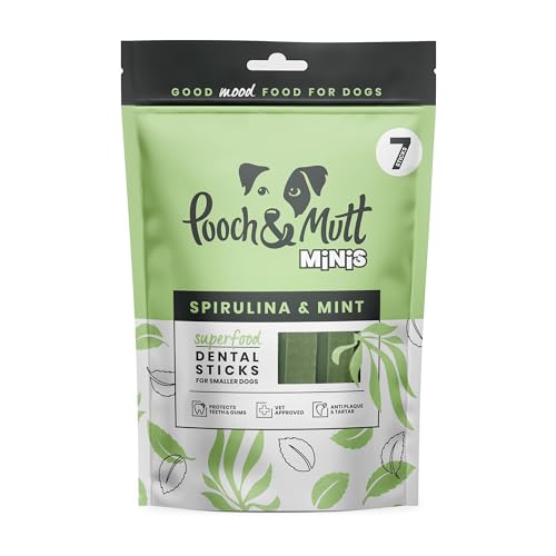 Pooch & Mutt - Superfood Dog Small Dental Sticks, Spirulina And Mint Flavour Dog Dental Chew, 1 pack of 7 sticks